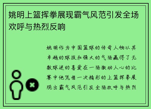 姚明上篮挥拳展现霸气风范引发全场欢呼与热烈反响